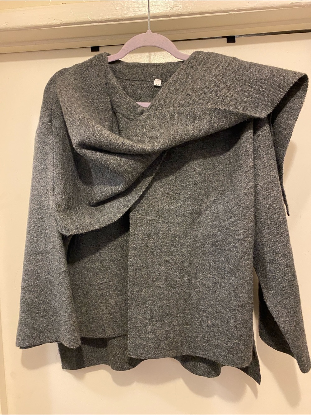 New, Charcoal Gray Draped V-Neck Poncho Sweater Can